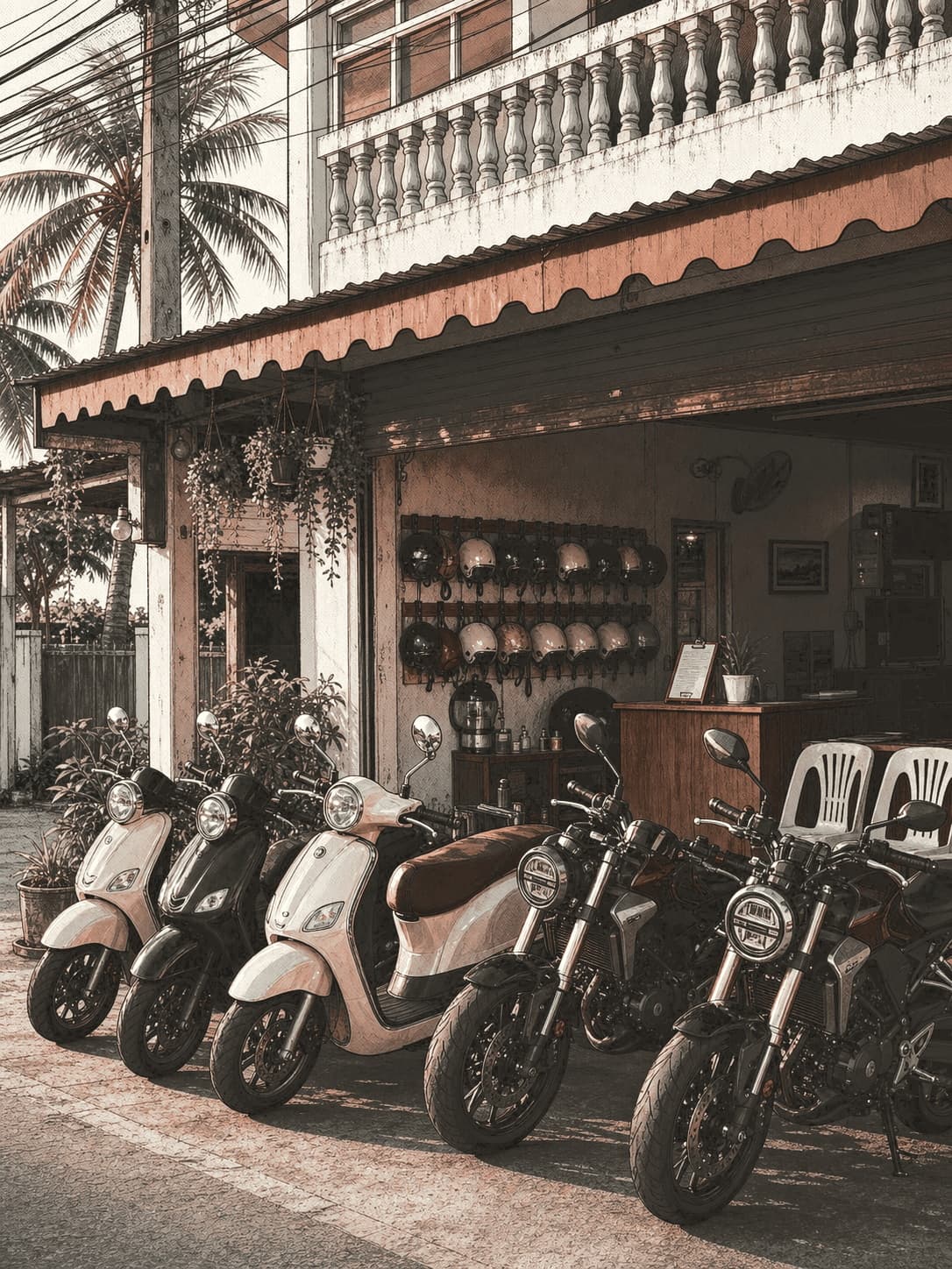 The Hua Hin Bikes shopfront at golden hour, scooters lined up under the awning.